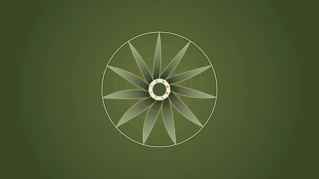 Abstract animated turbine blades spinning up drawn as green and teal lines and shapes on a deep dark background. Seamless looping 4K motion graphics video with free space for text, ideal for title seq