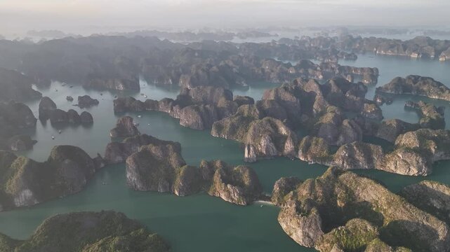 Aerial view of the natural scenery of the karst peaks and forests in Ha Long Bay, Vietnam