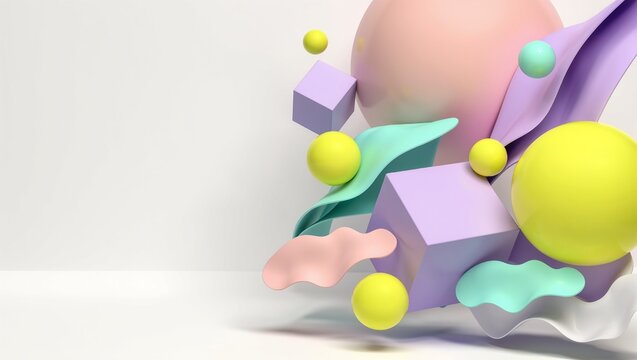 Playful abstract 3D composition with floating geometric shapes and vibrant pastel colors