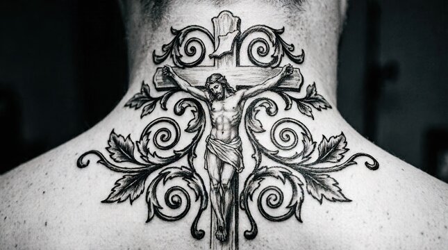 Back tattoo crucifix with swirling vines leaves design