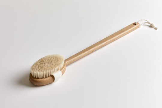 A wooden bath brush with natural bristles and a long handle is isolated on a white background. This eco-friendly body care tool is ideal for spa and wellness advertisements.