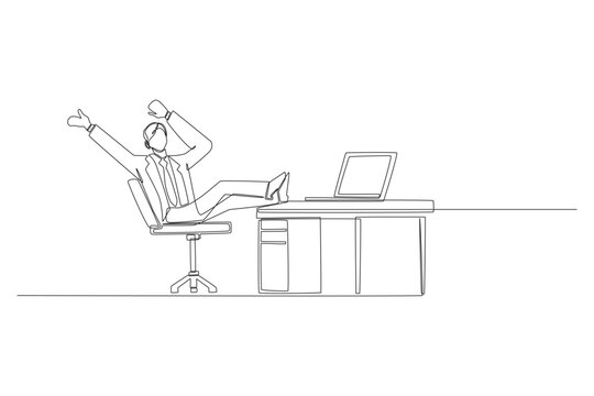 A continuous line drawing of a handsome human young man working as a businessman relaxing in his office chair with feet up on desk and arms raised, celebrating business victory and happy relief.