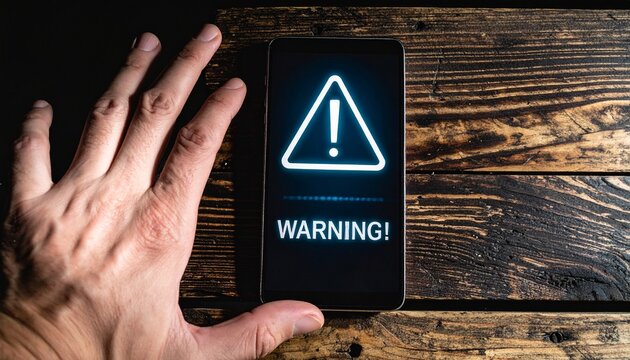 Hand Reaching for Smartphone Displaying Glowing Warning Triangle and Exclamation Mark Sign on Rustic Wooden Table Representing Cyber Threat Alert and Scam Warning