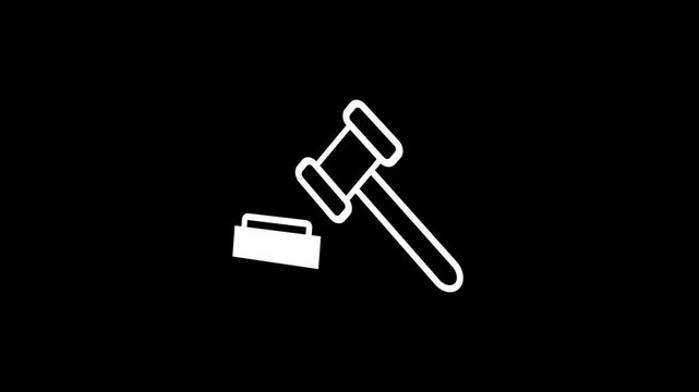 Animated White Legal Gavel Icon Striking Block on Black Background for Court Justice Law Firm Judge Auction Bidding and Legal Advice Animation