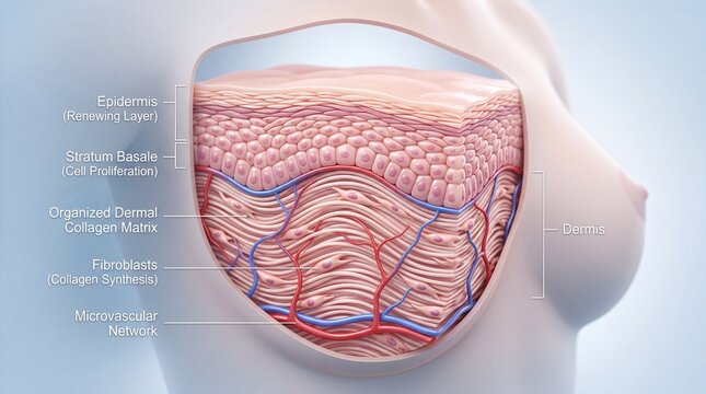 Cross section of human skin showing epidermis, stratum basale, organized dermal collagen matrix, fibroblasts, and microvascular network, highlighting regeneration and recovery process