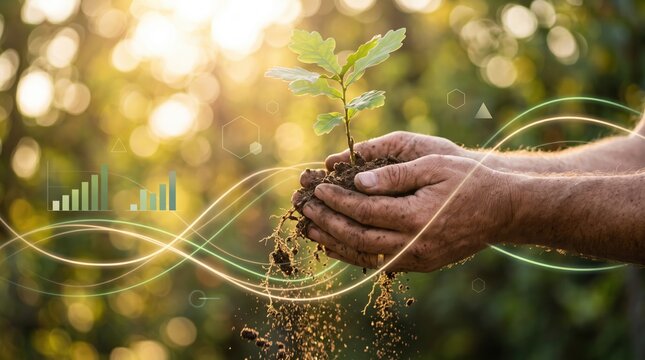 Sustainable growth and environmental protection showing hands holding young oak sapling with soil roots, golden sunlight bokeh nature setting, eco friendly investment green energy