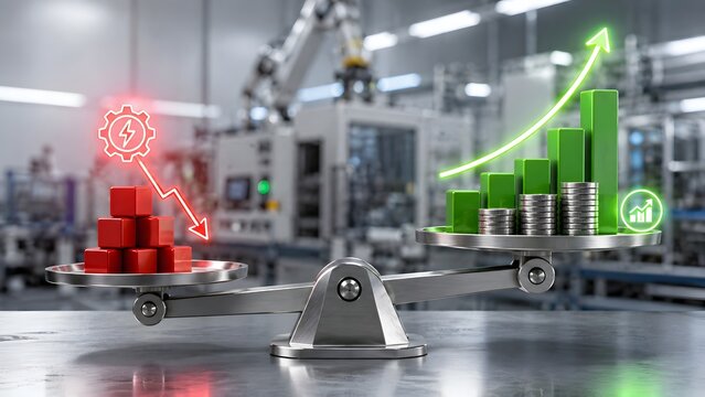 Industrial financial optimization concept with balance scale showing reduced energy costs and increased factory profits.