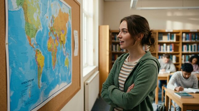 Joven estudiante hispana observando mapa mundial en biblioteca universitaria, explorando geograf&iacute;a y ra&iacute;ces culturales con curiosidad.