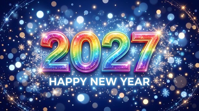 Colorful rainbow metallic 2027 numbers on a dark blue background with glowing festive bokeh lights for new year