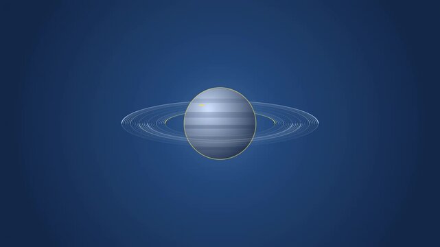 Abstract animated ringed planet turning slowly drawn as blue and cyan lines and shapes on a deep dark background. Seamless looping 4K motion graphics video with free space for text, ideal for title se