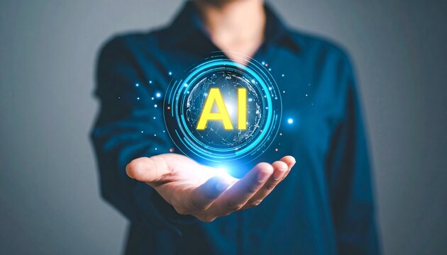 Person Holding Glowing Futuristic AI Hologram with Yellow Text in Circular Digital Interface Representing Artificial Intelligence, Machine Learning, and Next-Gen Technology