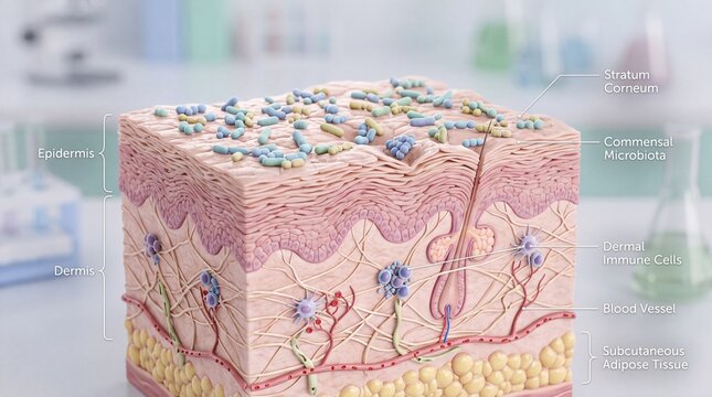 Epidermis dermis stratum corneum commensal microbiota dermal immune cell blood vessel subcutaneous adipose tissue skin health bacteria medical cross section scientific Epidermis dermis stratum