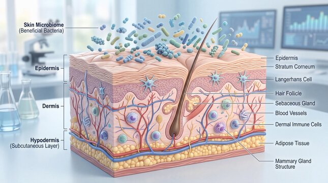 Cross section of human skin showing epidermis dermis hypodermis hair follicle sebaceous gland blood vessel adipose tissue and skin microbiome with beneficial bacteria