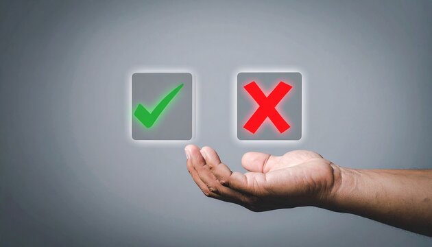 Hand Extended Toward Floating Green Checkmark and Red Cross Icons Representing Decision Making, Choice Selection, True or False Evaluation, and Approval Process
