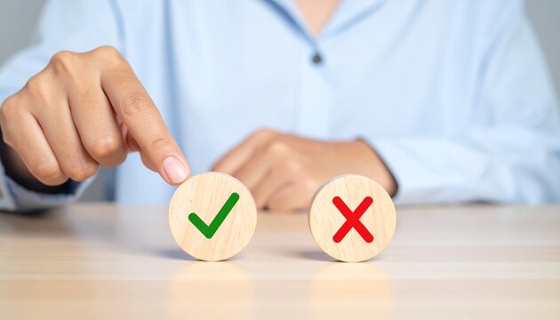 Person Selecting Green Checkmark Over Red Cross on Wooden Discs Representing Decision Making, Choice Selection, True or False Test, and Positive Approval