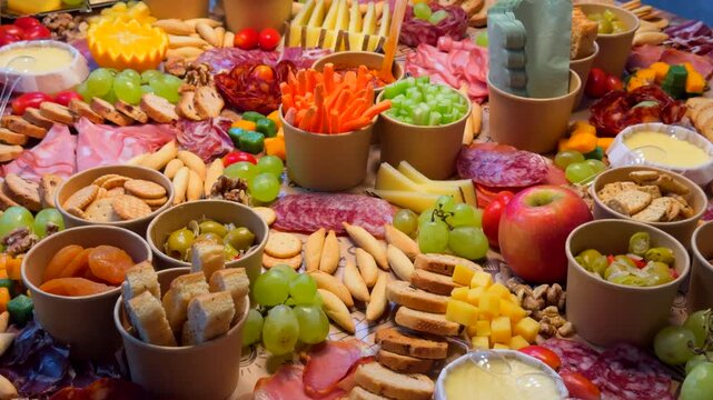 Party buffet table with a wide selection of finger food, cheese, crackers, fruit, and deli meat, ready for guests.