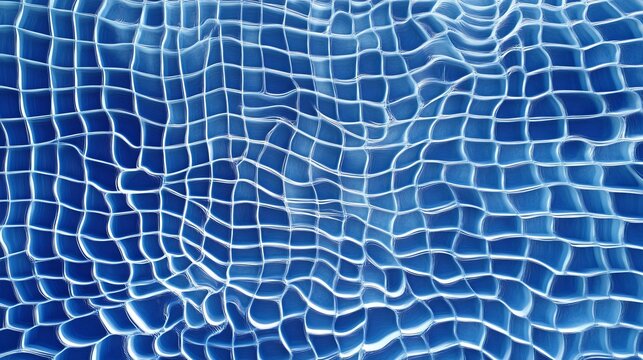 Reflective blue swimming pool tiles creating a wavy pattern, concept for summer relaxation and aquatic leisure, background representing tranquility