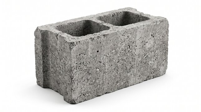 Gray concrete masonry block with two hollow cores. Rough, porous texture with visible aggregate, isolated on a white background.