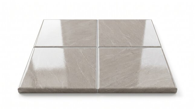 Four glossy beige ceramic tiles arranged in a 2x2 grid. Subtle marble veining with reflective surface and thin grout lines on a white background.
