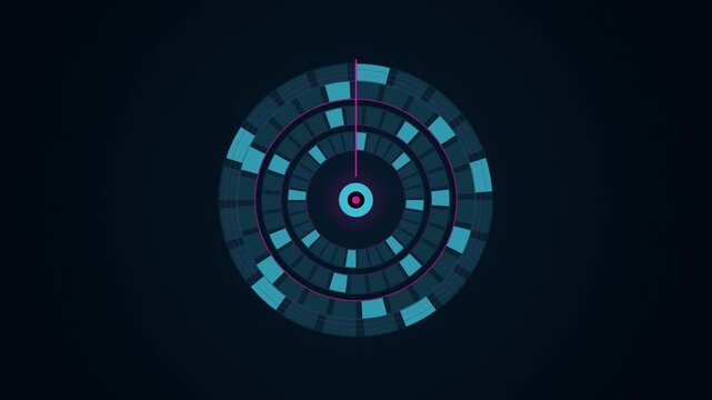 Abstract animated combination rings aligning to unlock drawn as cyan and teal lines and shapes on a deep dark background. Seamless looping 4K motion graphics video with free space for text, ideal for 