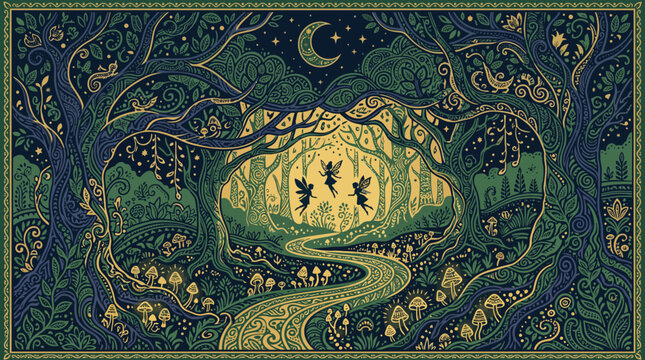 Magical enchanted forest with fairies vector illustration