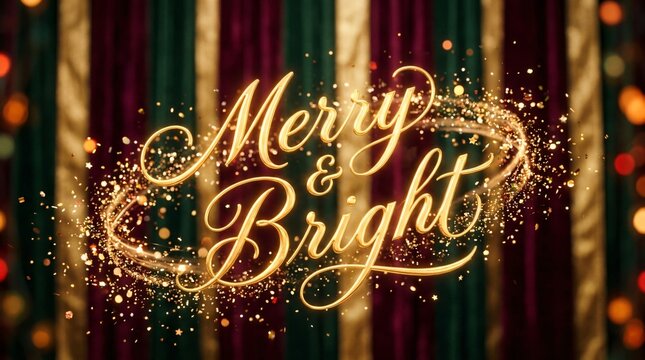 Texto dorado Merry & Bright con destellos brillantes sobre elegante fondo festivo de cortinas a rayas y luces bokeh.