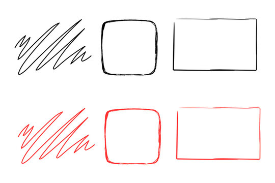 Hand drawn red and black square frame scribble stroke highlighter marker doodle line set vector illustration collection