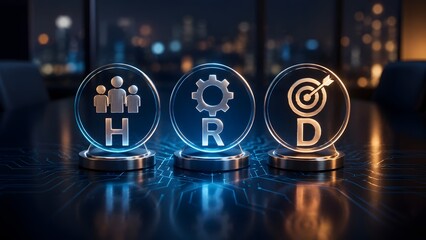 Fototapeta premium Glowing digital HRD human resource development emblems with people gear and target icons on high tech circuit board table in dark modern office