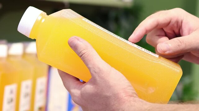 Man reads product information label on a bottle of orange juice beverage, checking contents before purchase. Concept of consumer choice, food shopping, product comparison and healthy lifestyle.