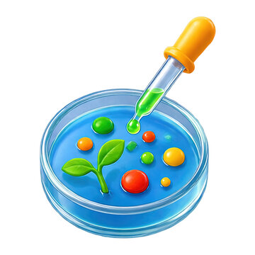 Scientific experiment with plant growth and colorful liquids in petri dish