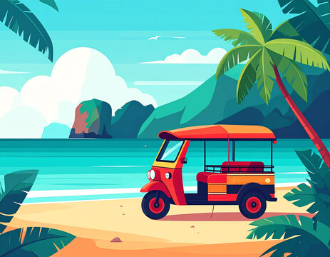 Bright red traditional Thai tuk tuk auto rickshaw parked on a sandy tropical beach with ocean and palm trees, geometric flat vector design