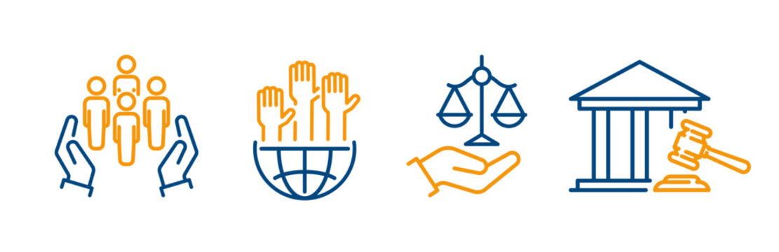 social justice icon set, outline icons of help or support community, global collaboration, justice scale, courthouse, thin line symbols on white background - editable stroke vector illustration eps10