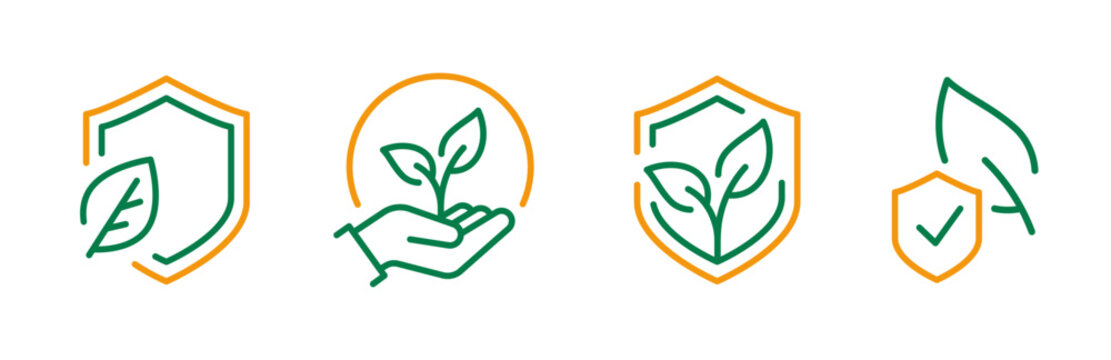 shield with leaves icons, icon set of plant and shield, plant in hand, bio protect, save leafs, thin line symbols on a white background - editable stroke vector illustration eps10