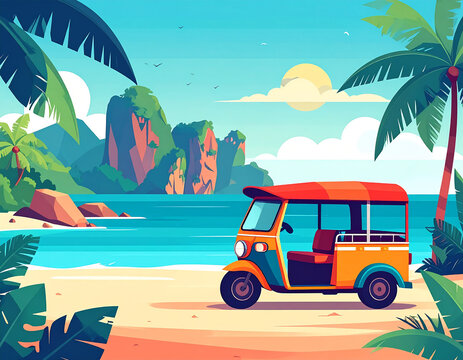 Side view of a bright orange and blue tuk tuk auto rickshaw on a tropical beach with ocean cliffs, flat geometric vector illustration for travel