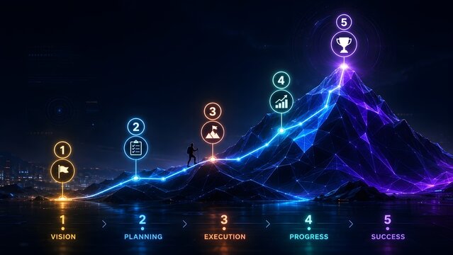 Dark digital business strategy concept showing five glowing steps to success path over abstract mountain landscape.