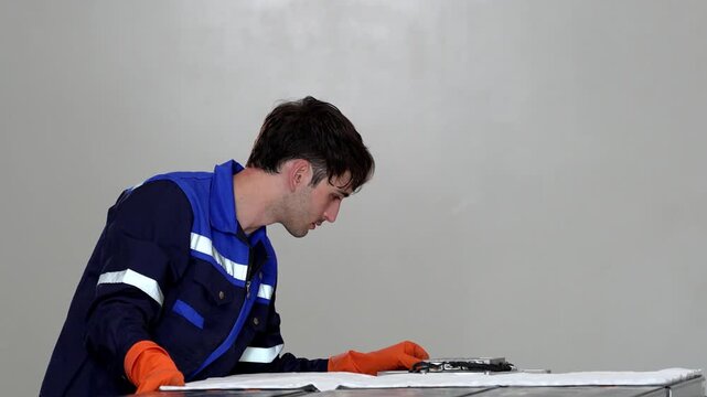 EV technician checking electric vehicle battery maintenance checklist with laptop in automotive workshop