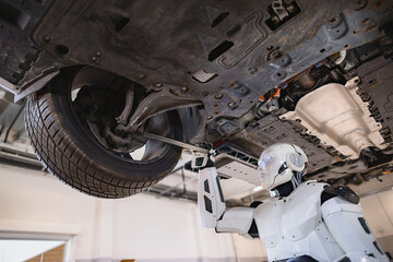 Fototapeta premium A humanoid robot with a white chassis and glowing blue eyes inspects the underside of a vehicle with a tool