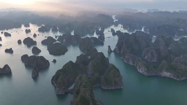 Aerial view of the natural scenery of the karst peak forest in Ha Long Bay, Vietnam