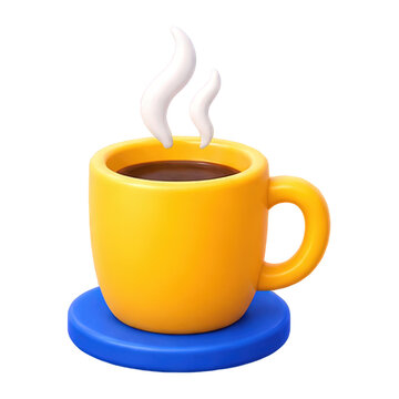 Bright yellow mug filled with dark coffee and rising steam on a blue coaster