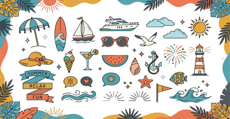 Obraz premium Hand Drawn Summer Vacation Doodle Icon Set with Beach, Surfing, Lighthouse, Fireworks and Tropical Elements
