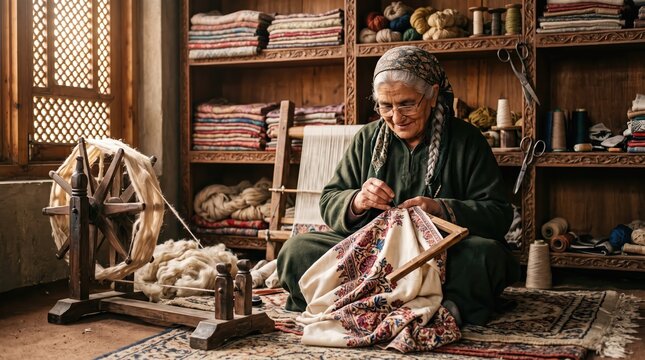 Elderly artisan weaving traditional fabric in a rustic workshop