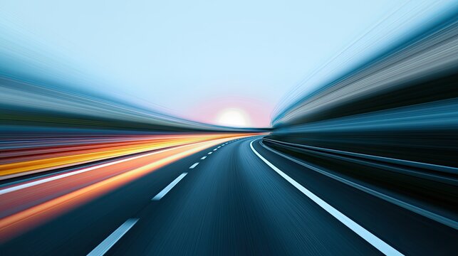 Streaking highway at dawn, blurred motion, fast travel, light trails
