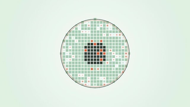 Abstract animated disc dissolving into pixels drawn as amber and orange lines and shapes on a bright, clean light background. Seamless looping 4K motion graphics video with free space for text, ideal 