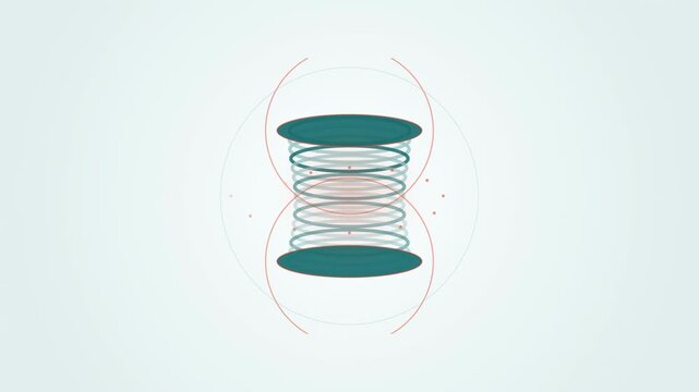 Abstract animated coil spring compressing and releasing drawn as cyan and teal lines and shapes on a bright, clean light background. Seamless looping 4K motion graphics video with free space for text,