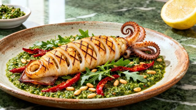 Pan-seared squid with cross-hatch scoring on chimichurri sauce with pine nuts