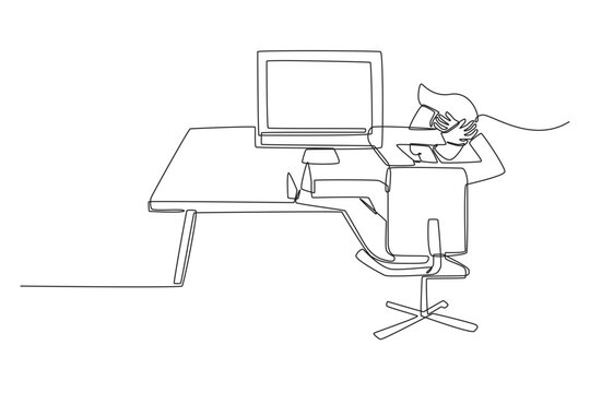A continuous line drawing of a human young man working as a businessman relaxing in an office chair with feet up on the desk in front of a computer monitor, enjoying a peaceful workplace break.