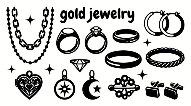 gold jewelry featuring rings chain necklaces bangles hoop earrings lockets charms brooches cufflinks and decorative luxury fashion branding jewelry stores and premium retail