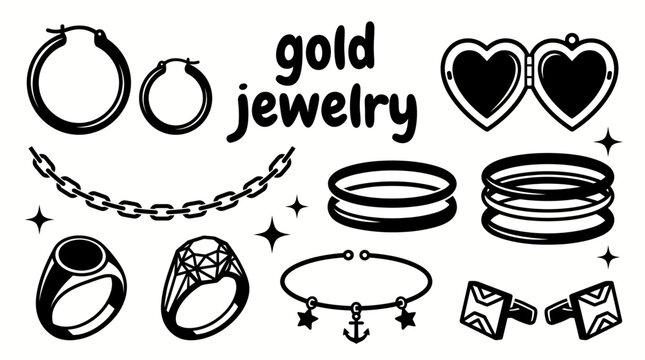 gold jewelry featuring rings chain necklaces bangles hoop earrings lockets charms brooches cufflinks and decorative luxury fashion branding jewelry stores and premium retail