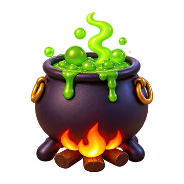 Bubbling green potion in a cauldron over a campfire