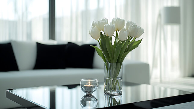 Elegant white tulips in a glass vase and burning candle on a glossy black coffee table in a modern minimalist living room